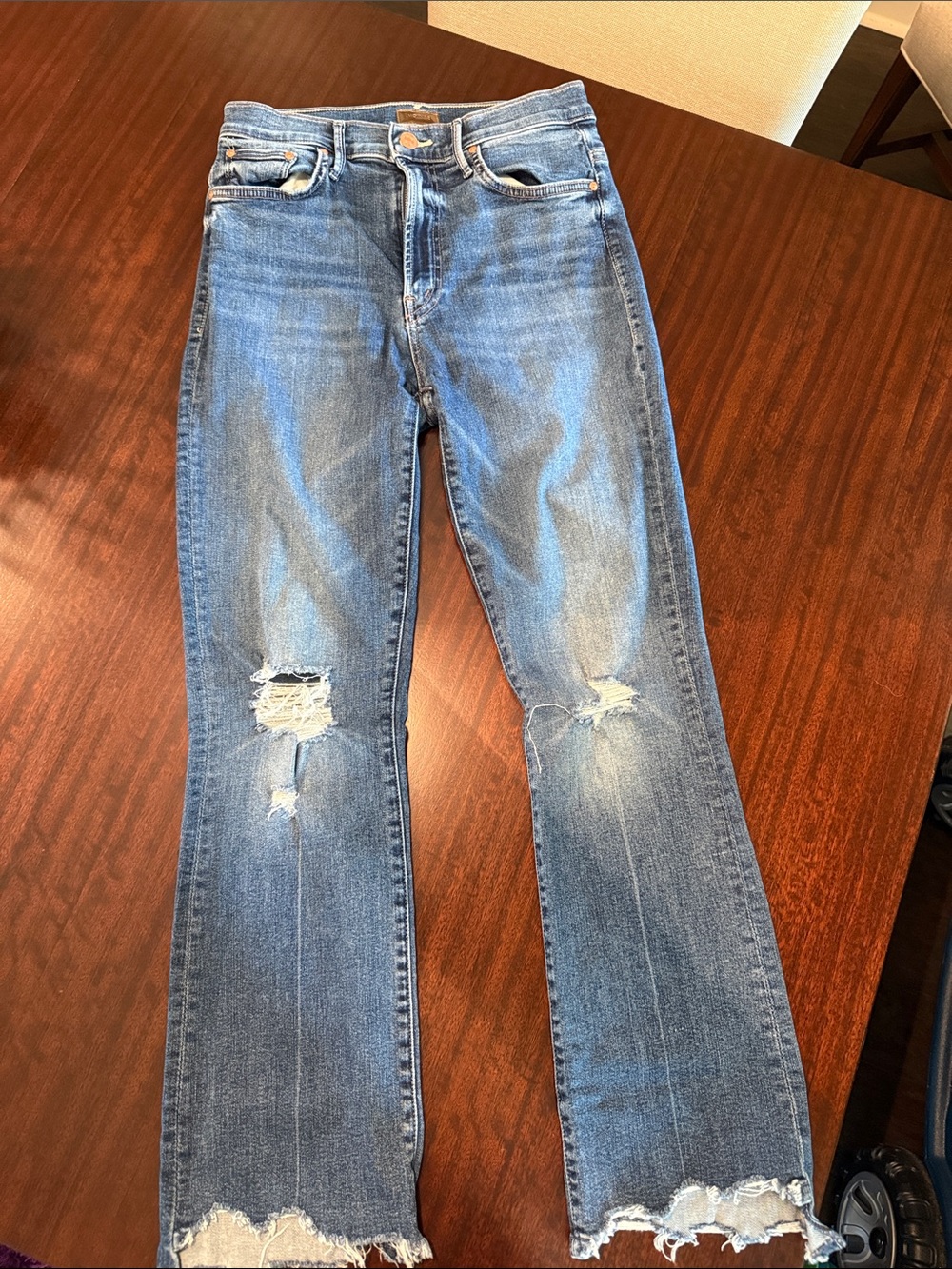 MOTHER Blue Distressed Flare Jeans
